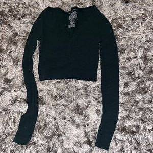 Free People Movement Green Gone Adrift Long Sleeve V Neck Crop Top